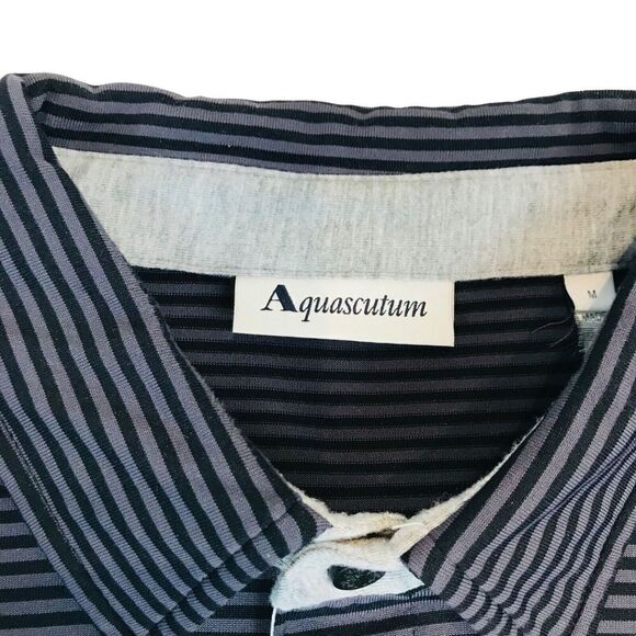 Aquascutum Golf Polo Shirt Mens Size M Grey Fitted Striped Short Sleeve Trim - Picture 10 of 16